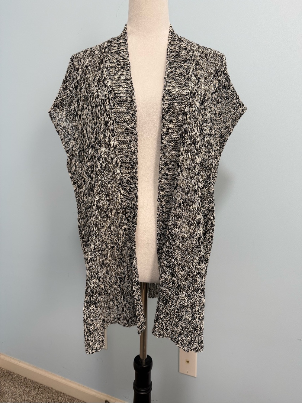 Eileen Fisher S/P Black White Marled Open Knit Long Vest Linen Cotton Blend